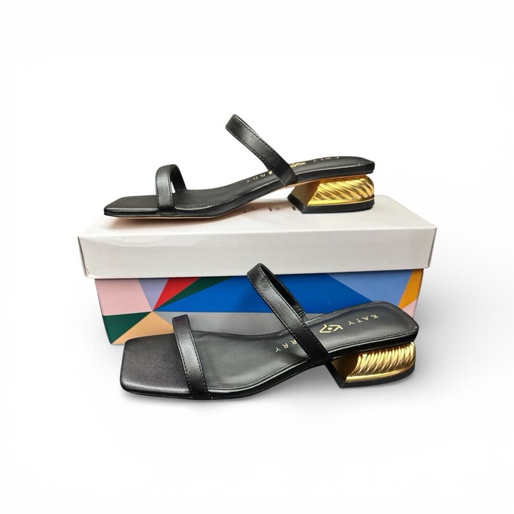 NWB Katy Perry The Framing Low Heel Sandals Black/Gold Square Toe Women’s Size 5